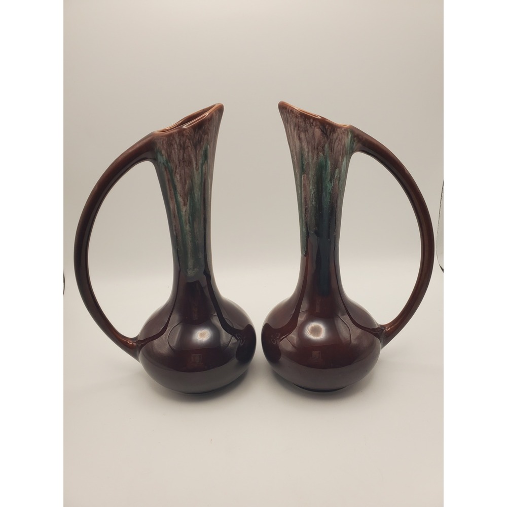 VTG Mid Century Canadian Art Pottery Drip Glaze Mirror Ewer Vase Pair #2600
